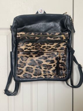 Leopard Print Backpack Purse | Black Faux Leather Multi Zip Diaper Travel Bag